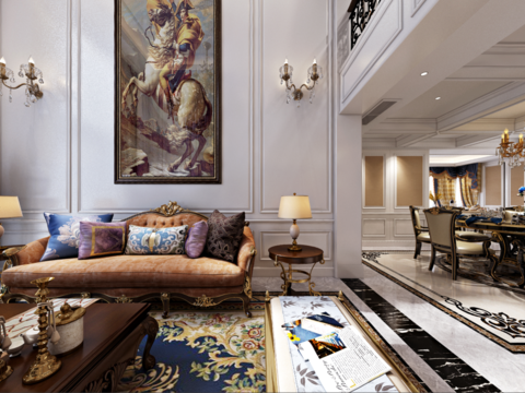  欧式别墅客厅餐厅全景3d模型 