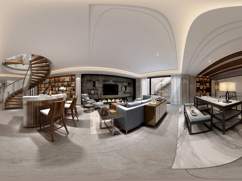  新中式客厅茶台吧台全景3D模型 