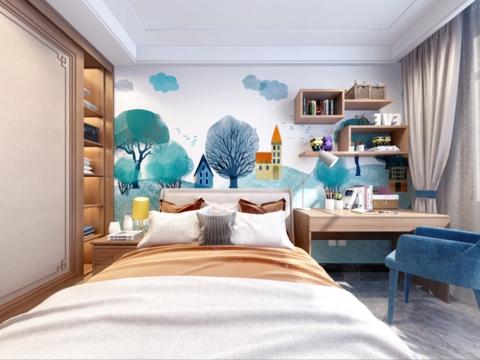  新中式卧室儿童房全景3d模型 