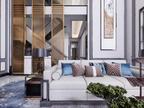  新中式别墅客厅全景3d模型 