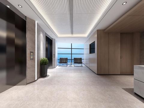  现代办公大堂电梯厅全景3D模型 
