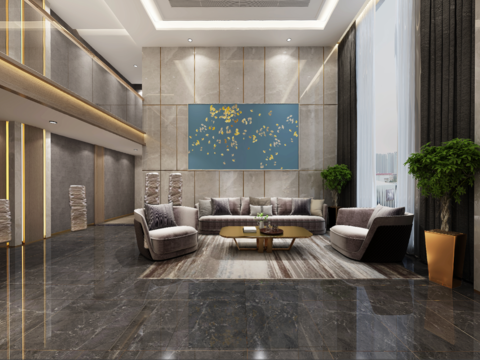  现代酒店前台大厅全景3d模型 