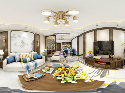  新中式客厅餐厅阳台全景3D模型 