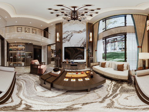  新中式别墅客厅vr全景3d模型 