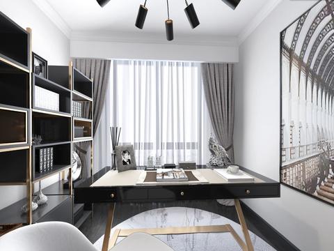  后现代轻奢书房全景3d模型 