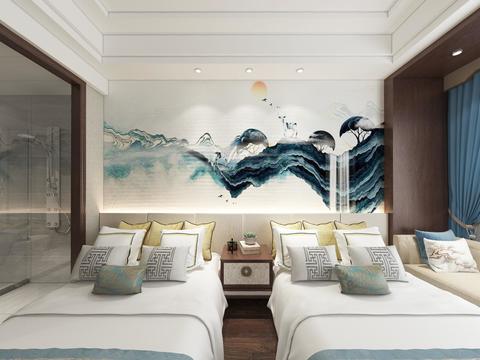  新中式酒店客房双人间全景3d模型 