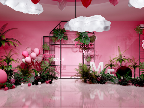  现代网红合影区背景墙全景3d模型 