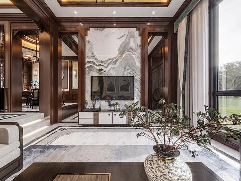  新中式轻奢别墅客厅餐厅cr全景3d模型 