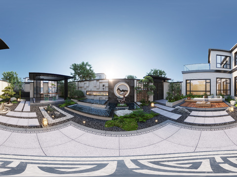  新中式别墅庭院景观cr全景3d模型 