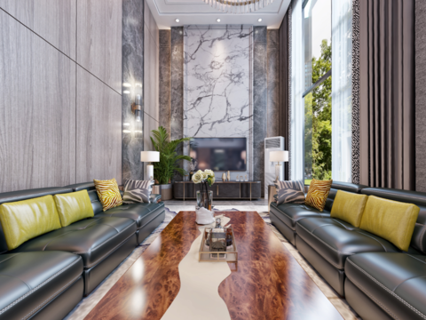  现代轻奢别墅客厅vr全景3d模型 