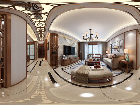  新中式客厅餐厅过道全景3D模型 