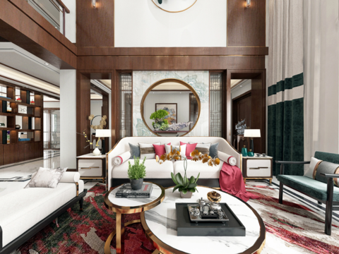  新中式轻奢别墅客厅vr全景3d模型 