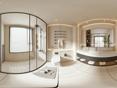  奶油风卫生间 浴室vr全景3d模型 