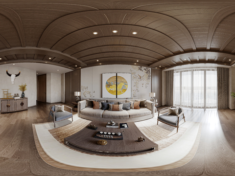  新中式民宿 会客厅cr全景3d模型 