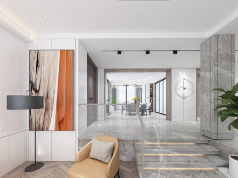  现代别墅客厅餐厅全景3d模型 