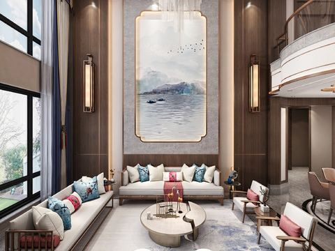  新中式别墅客厅餐厅全景3d模型 