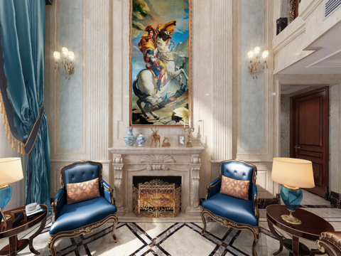  欧式别墅客厅餐厅全景3D模型 