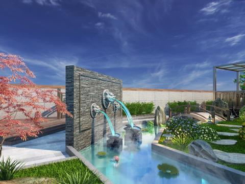  新中式露天花园全景3d模型 