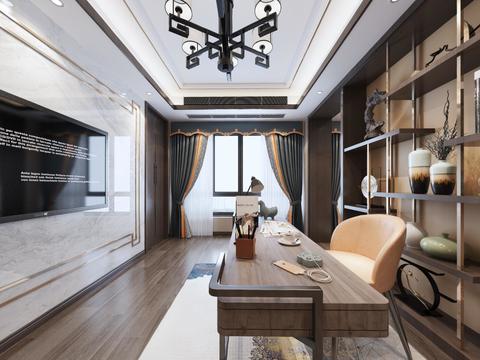  新中式书房全景3d模型 