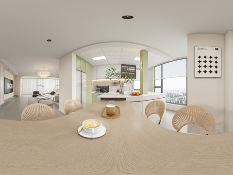  奶油风开放式厨房cr全景3d模型 