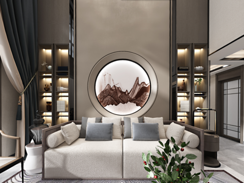  新中式轻奢客厅餐厅全景3d模型 