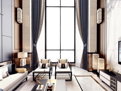  中式别墅客厅餐厅全景3d模型 