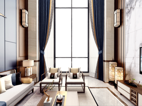  新中式别墅客厅全景3d模型 