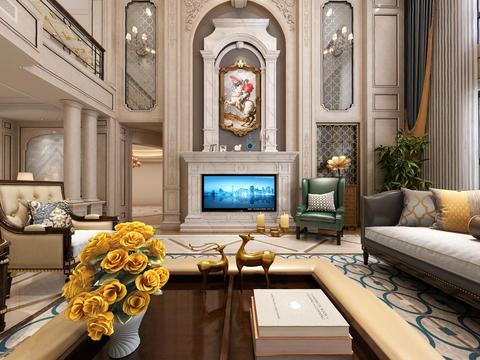  美式奢华别墅客厅VR全景3D模型 