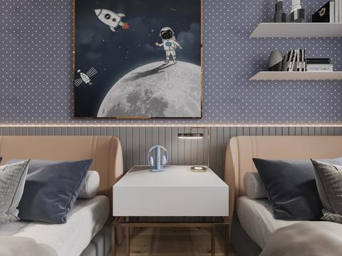  现代儿童房双床房vr全景3d模型 