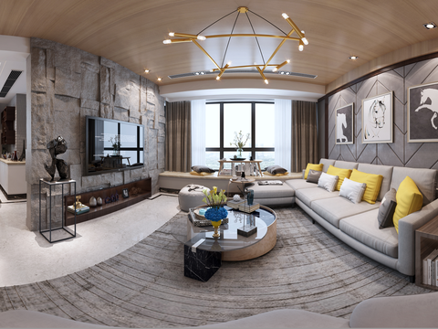  后现代客厅餐厅全景3D模型 