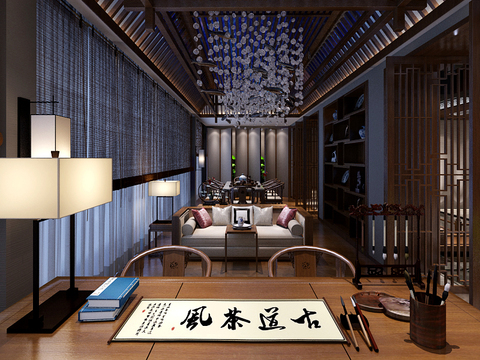  新中式会所茶室全景3D模型 