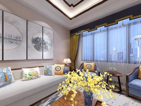  新中式客厅餐厅玄关全景3D模型 