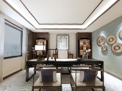  新中式董事长办公室全景3D模型 