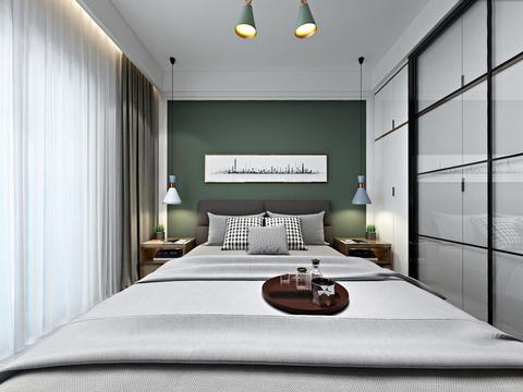  北欧公寓卧室客餐厅书房全景3d模型 