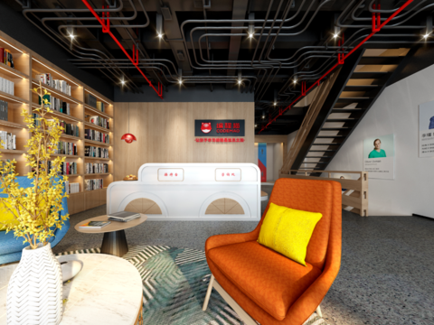  现代儿童培训机构前台大厅全景3d模型 