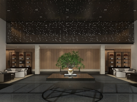  中式酒店接待大堂吧全景3D模型 