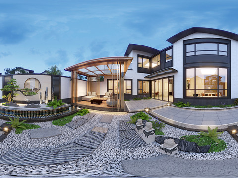  新中式庭院景观vr全景3d模型 