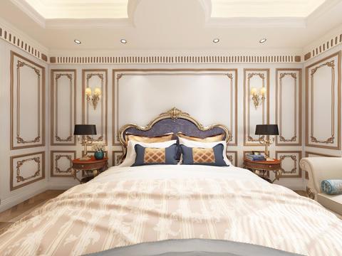  法式主人房卧室全景3D模型 