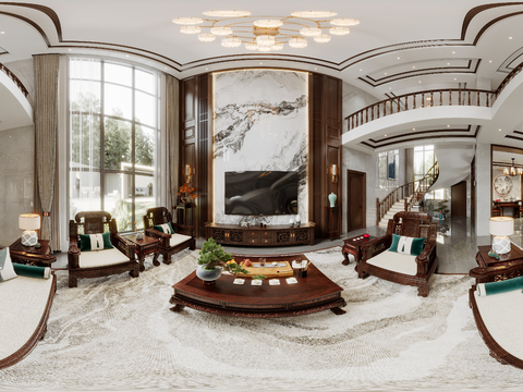  新中式别墅客厅vr全景3d模型 