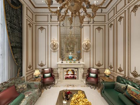  欧式别墅客厅全景3D模型 