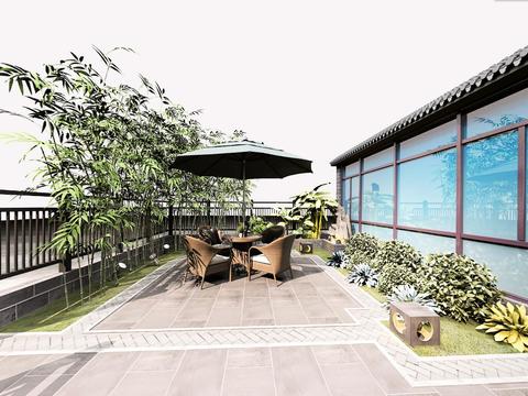  现代阳台花园全景3d模型 