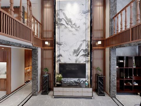  新中式别墅客厅茶室全景3D模型 