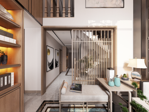  新中式别墅客厅餐厅全景3d模型 