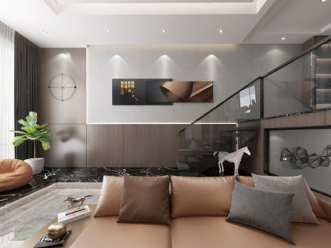  现代客厅餐厅地下室vr全景3d模型 