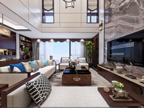  新中式别墅客厅餐厅全景3d模型 