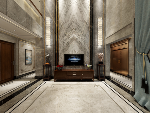  新中式别墅客厅餐厅全景3D模型 