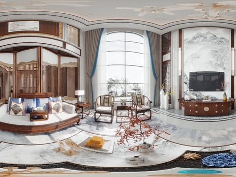 新中式别墅客厅cr全景3d模型 