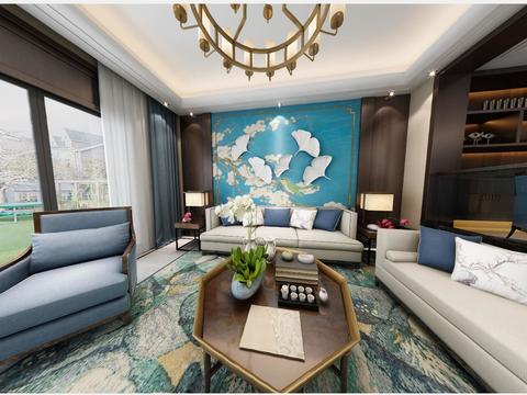  新中式跃式客厅餐厅全景3D模型 