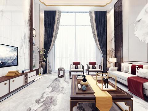  新中式别墅客厅餐厅全景3d模型 