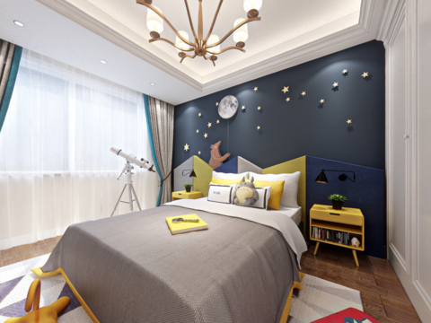  现代儿童房卧室全景3d模型 